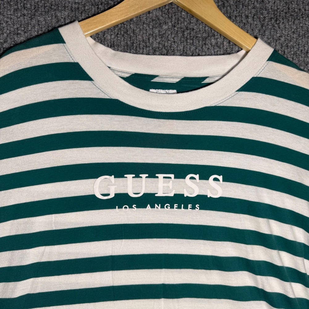 Guess Los Angeles Green White Striped Logo T-Shirt 100% Cotton Men's Size Large